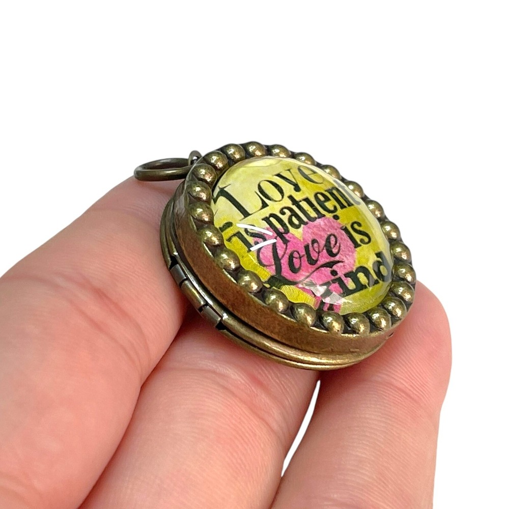 Bronze Love is Patient Love is Kind Locket Pendant Scripture Cottagecore - Picture 3 of 5